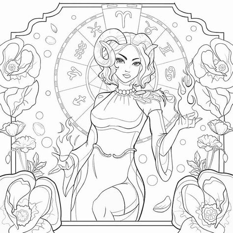 Zodiac Coloring Pages For Adults, Witch Colouring Pages, Aries Coloring Pages, Witchy Coloring Pages For Adults, Zodiac Coloring Pages, Astrology Pattern, Zodiac Signs Colors, Fashion Coloring Book, Coloring Pages For Grown Ups