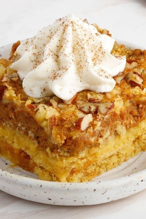 From dump cakes to pumpkin pie bars, this collection of easy pumpkin desserts will help you celebrate fall deliciously and easily in a 9x13-inch pan. #dinnerdishes #dinnerideas #dinnerrecipes #familydinnerideas #supper #supperideas Pumpkin Honey Bun Cake, Easy Pumpkin Desserts, Two Ingredient Cakes, Pumpkin Pie Bars Recipe, Honey Bun Cake, Easy Pumpkin Dessert, Pumpkin Crunch Cake, Pumpkin Cheesecake Bars, Dump Cake Pumpkin