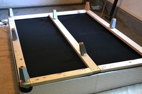 Add boards to bottom of box spring, cover in fabric, and add some legs for a new bed frame to update room Diy Box Spring, Upholstered Box Springs, Box Spring Bed Frame, Box Spring Cover, Cover Furniture, Diy Bed Frame, Box Spring Bed, Lego Room, New Bed