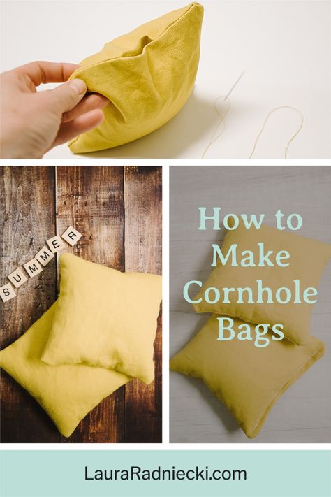 You can buy them or you can make them, but cornhole is everywhere you look in the summer! One of America's favorite yard games, cornhole or bean bags is fun and easy to play. You can learn how to make your own DIY corn hole bags with this simple sewing tutorial. You'll be ready for the backyard bbq game in no time! Diy Bean Bags For Cornhole, How To Make A Bean Bag Toss Game, Corn Hole Bean Bags Diy How To Make, Corn Hole Bags Pattern, Bean Bag Toss Bags Diy, How To Make A Corn Hole Board, How To Make Bean Bags For Corn Hole Game, Homemade Bean Bag Toss Game, How To Make Corn Hole Bags