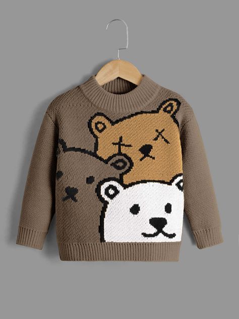 Brown Casual Collar Long Sleeve Fabric Cartoon Pullovers Embellished Slight Stretch  Toddler Boys Clothing Toddler Clothes Boy, Small Cartoon, Boys Knitting Patterns Free, Toddler Boy Sweater, Boys Winter Clothes, Kids Wear Boys, Boy Jumper, Baby Cardigan Pattern, Kids Wear Girls