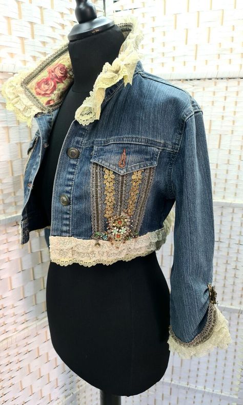 Michal Negrin Short Denim Jacket With Colorful Crystal Flowers Unique. | eBay Dyed Denim Jacket, Jeans Jackets For Women, Upcycle Jean Jacket, Recycled Garments, Jean Jacket Painted, Denim Jacket With Lace, Jean Jacket Diy, Embroidery Jeans Jacket, Reconstructed Clothing