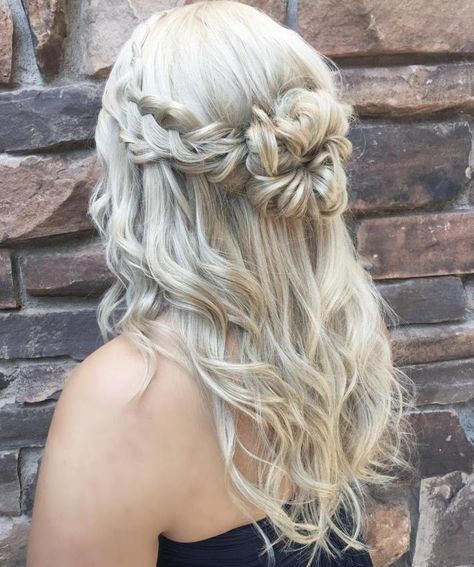 Blonde Half Updo With Braids And Bun Half Up Half Down Hair Braided Bun, Hair Designs For Girls, Braided Half Updo, Dance Hair, Prom Hair Updo, Braided Hairstyle, Hoco Hairstyles, Dance Hairstyles, Wedding Hairstyles Half Up Half Down