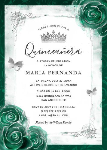 Elegant Green Rose Gold Black Quinceanera Invitation | Zazzle.com Invitations For Quince, Baby Blue Quinceanera, Quinceanera Stuff, Quince Stuff, Butterfly Invitations, Princess Birthday Invitations, Quinceanera Invitation, Blue Ball Gowns, Quinceanera Ideas