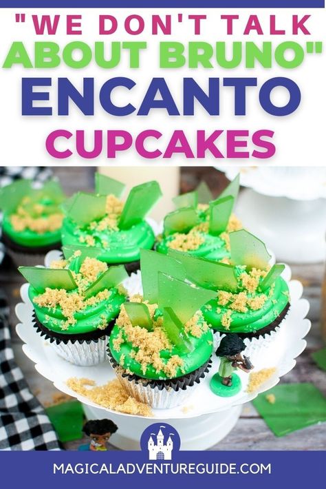 These adorable and fun Encanto cupcakes are inspired by Bruno's vision, complete with green candy glass shards and brown sugar sand! Perfect for an Encanto birthday party or movie night! Encanto Birthday Cupcakes, Encanto Movie Night, Encanto Activities, Encanto Crafts, Encanto Cupcakes, Encanto Birthday Cake, Encanto Cake, We Don't Talk About Bruno, Encanto Birthday