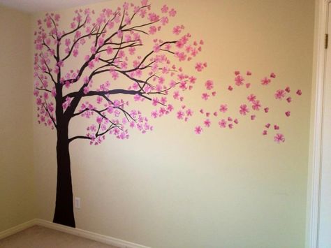 Cherry Blossom Tree Wall Mural, Blossom Tree Wall Painting, Cherry Blossom Wall Painting, Tree Painting On Wall, Diy Home Decor Flowers, Painting On Wall Ideas, Painting Cherry Blossoms, Cherry Blossom Tree Painting, Tree Wall Painting