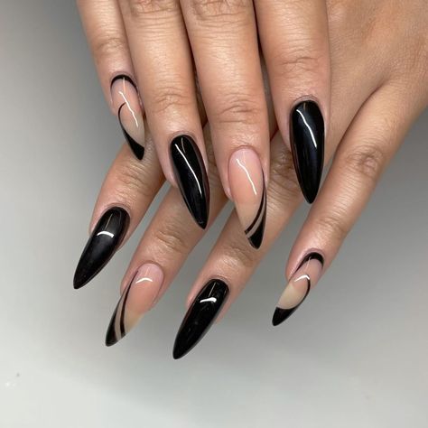 Nails Black Accent, Black Nail Art Elegant, Elegant Black Nails Classy, Nude And Black Nail Designs, Stiletto Black Nails, Black Nude Nails, Black Almond Nails Designs, Nude And Black Nails, Stiletto Nails Design