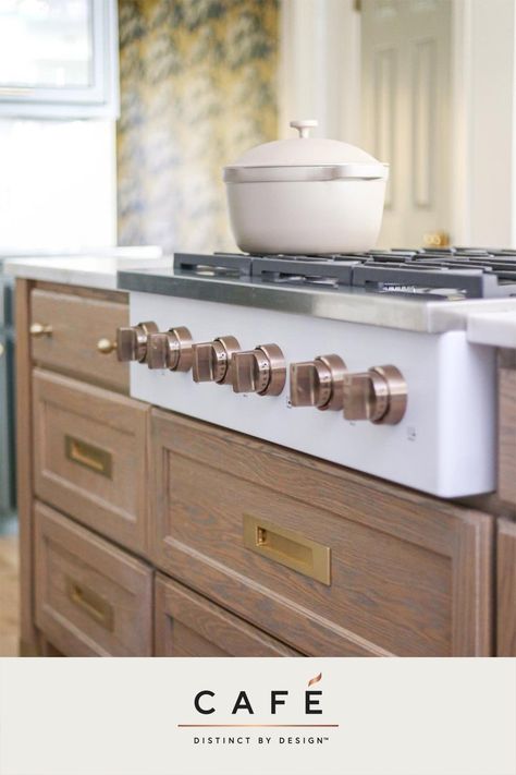 Electric Cooktop Kitchen, Kitchen Hardware Gold, White Cooktop, Kitchen With Character, Gold Kitchen Hardware, Cafe Appliances, Mountain Farmhouse, Island Cooktop, Kitchen Cooktop