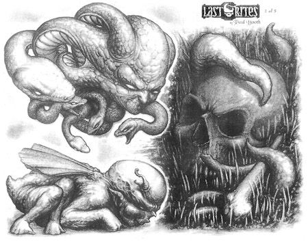 tattoo flash Paul Booth Drawing, Last Rites Tattoo, Paul Booth, Darkside Tattoo, Skull Tattoo Designs, Filler Tattoo, Evil Skull Tattoo, Tracing Art, Flash Sheets