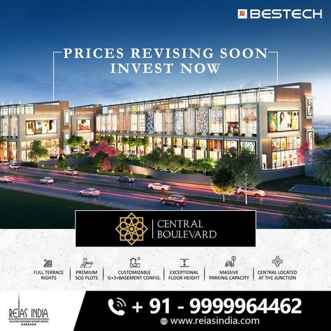 Bestech introduces commercial plots in the biggest commercial hub at Sector 88. Book your slot before price revision. 35 min drive from IGI airport 5 min drive from NH 8 15 min from Rajiv Chowk Low in Maintenance Ample Car Parking #bestech #centralboulevard #sector88 #commercialplots #nh8 #SCOplots #SCO #commercial #properties #commercialproperty #plots #investment #realestateinvestment #realestate #Reiasindia #gurugram For further query Contact +91-9999964462 Visit www.reiasindia.com Luxury Advertising, Real Estate Slogans, Commercial Real Estate Marketing, Real Estate Banner, Property Ad, Real Estate Marketing Design, Real Estate Ads, Real Estates Design, Property Design