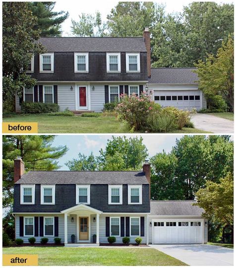 This classic Dutch Colonial got a modern refresh with a new front porch, simple landscaping and a new Clopay Coachman carriage house garage door with windows. Garage door model shown: Design 12 with REC13 windows in white. Dutch Colonial Garage Addition, Gambrel Front Porch, Dutch Colonial Front Porch, Black Dutch Colonial Exterior, Light Grey Colonial House Exterior, Dutch Colonial House Exterior Front Doors, Dutch Colonial With Front Porch, Dutch Colonial Porch, Gambrel Colonial House