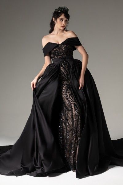 Princess Chapel Train Satin Cap Sleeve Zipper Wedding Dress Appliques CW2513 | Cocomelody Black Satin Wedding Dress, Black Princess Gown, Witch Wedding Dress, Prom Dress Luxury, Forest Wedding Dress, Short White Dress Wedding, Off Shoulder Ball Gown, Sweep Train Prom Dress, Knee Length Wedding Dress