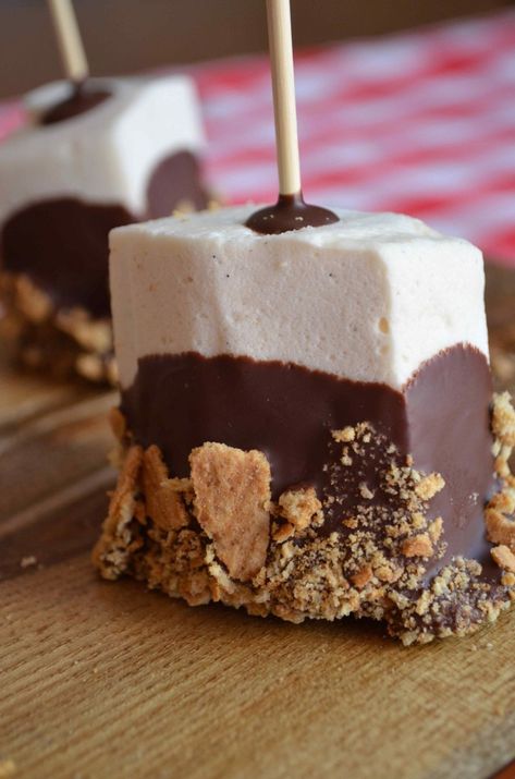 S'mores On A Stick — From Scratch with Maria Provenzano Fudge On A Stick, Marshmallow Smores On A Stick, S'mores On A Stick, S’mores On A Stick, Fair Food Ideas, Fancy Marshmallows, Desserts On A Stick, Homemade Confections, Dessert On A Stick