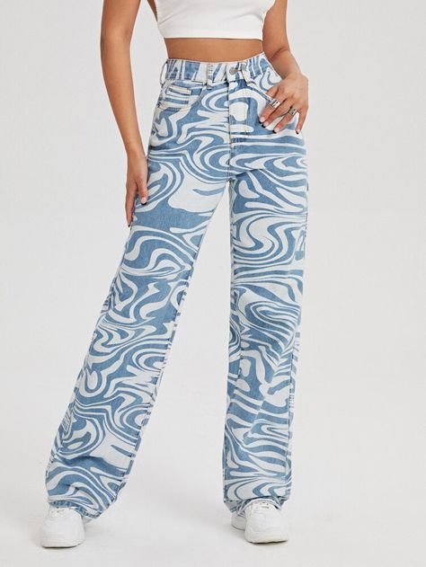 Free Returns ✓ Free Shipping On Orders $49+ ✓. High Waist Wide Leg Jeans- Jeans at SHEIN. High Waist Wide Leg Jeans, Patterned Pants, Street Jeans, Spandex Pants, Painted Jeans, Straight Trousers, Bobby Brown, Denim Trousers, Wide Leg Denim