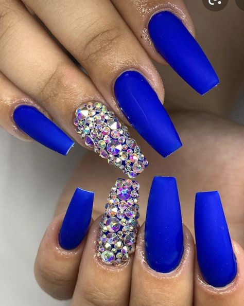 Blue Square Acrylic Nails With Rhinestones, Blue Nails With Rhinestones Bling, Nails With Blue Rhinestones, Blue Nail Designs Short, Hanukkah Nails, Nail Design Blue, Nail Designs Short, Blue Nail Design, Nails With Rhinestones