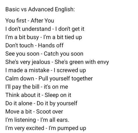 Basic vs advanced English words #ielts #English #vocabulary #grammar #learning Advanced English Vocabulary Words, High Vocabulary Words, Scholarly Academia, Big Vocabulary Words, English Words Vocabulary, Advanced Words, Advanced English Words, English Vocabulary List, Ielts English