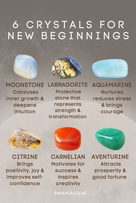 6 Crystals for new beginnings. Moonstone, Labradorite, Aquamarine, Citrine, Carnelian and Aventurine. Crystals For New Beginnings, Crystals For Wealth, Crystal Healing Chart, Using Crystals, Power Of Crystals, About Crystals, Earth Gift, Magical Stones, Crystal Guide