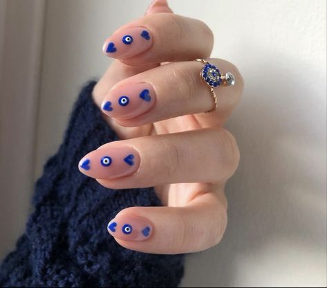 Evil Eye Heart Nails, Eye Heart Nails, Royal Blue Nails, Evil Eye Nails, Eye Nail Art, Beauty Hacks Nails, Eye Nails, Almond Nails Designs, Baymax