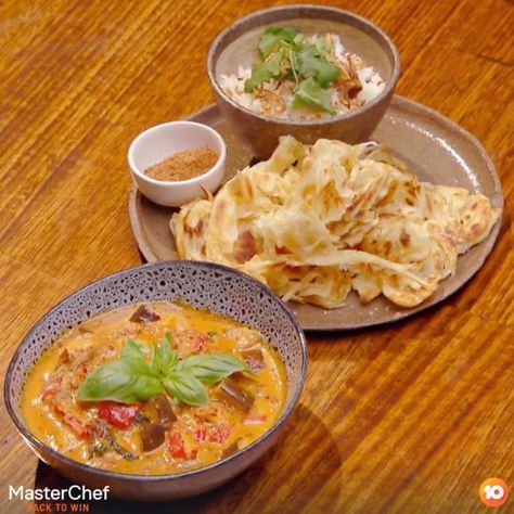 Masterchef Australia 2020 Masterchef Recipes Australian, Red Duck Curry, Gordon Ramsay Dishes, Make Ahead Meal Prep, Duck Curry, Australia Recipes, Dinner Party Menu Ideas, Masterchef Recipes, Roti Canai