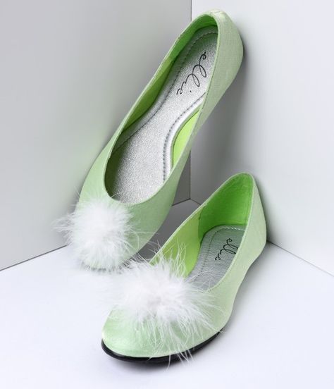 Just a dash of pixie dust please! These Mila vintage shoes are a precious pair of retro style flats in a sparkling light green sheen with soft white feather pom pom on the toe. Get ready to fly, darling! <br /><br />Please note all shoes have a 4 day hand Tinkerbell Shoes, Disneyworld Outfits, Pixie Shoes, Disney Dress Up, Style Flats, Disney Bound Outfits, Vintage Flats, Dapper Day, White Feather