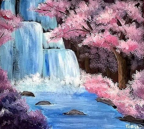 Sakura Trees Painting, Cherry Blossom Tree Landscape Painting, Sakura Tree Painting Acrylics, Cherry Blossom Landscape Drawing, Sakura Landscape Painting, Painting Ideas On Canvas Waterfall, Waterfall Sketch Pencil, Japan Cherry Blossom Drawing, Cherry Blossom Landscape Painting