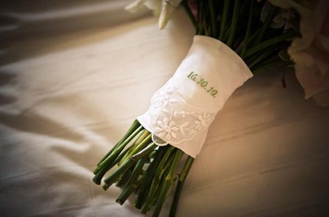 Bouquet Wrap Ideas ~ Style your Bouquet with Ribbons and Details Embroidered Hankerchief Wedding, Bouquet Ribbon Wrap, Embroidered Hankerchief, Holy Matrimony, Rustic Bride, Lace Handkerchief, Ribbon Bouquet, Wedding Venue Decorations, Wedding Handkerchief