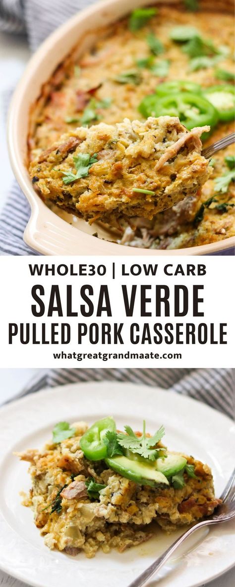 Use up leftover pulled pork to make this Salsa Verde Paleo Pulled Pork Casserole! You’ll love how flavorful and delicious it is, and it's kid-friendly as well. Paleo Pulled Pork Crock Pot Recipes, Pork Paleo Dinner Recipes, Pork Paleo Recipes, Paleo Fall Meals, Leftover Pulled Pork Recipes Healthy, Healthy Pulled Pork Recipes, Whole 30 Pulled Pork, Paleo Pulled Pork, Paleo Mediterranean