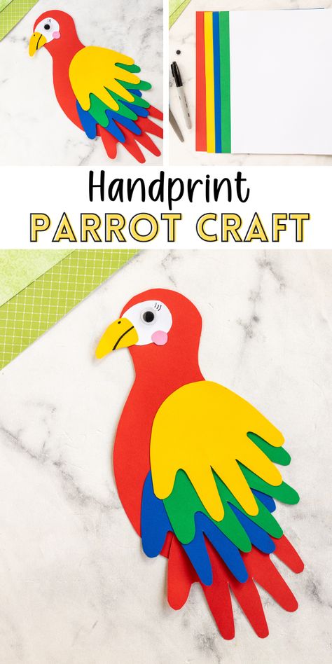 Dive into the joy of jungle crafting with your kids with our Handprint Parrot Craft activity. We use vibrant card stock and their adorable handprints! Madagascar Crafts For Kids, Lama Craft, Library Crafts For Kids, Jungle Animals Crafts, Paper Plate Parrot, Parrot Paper Craft, Parrot Craft For Kids, Jungle Crafts For Kids, Handprint Parrot