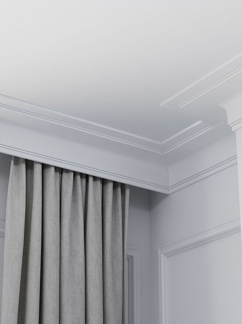 Drapes With Crown Molding, Cornice Curtain Ideas, Bedroom Pelmet Ideas, Modern Pelmet Ideas, Art Deco Cornice, Art Deco Wainscoting, Pelmets Ideas Modern, Modern Cornice Design, Pelmet Ideas Modern