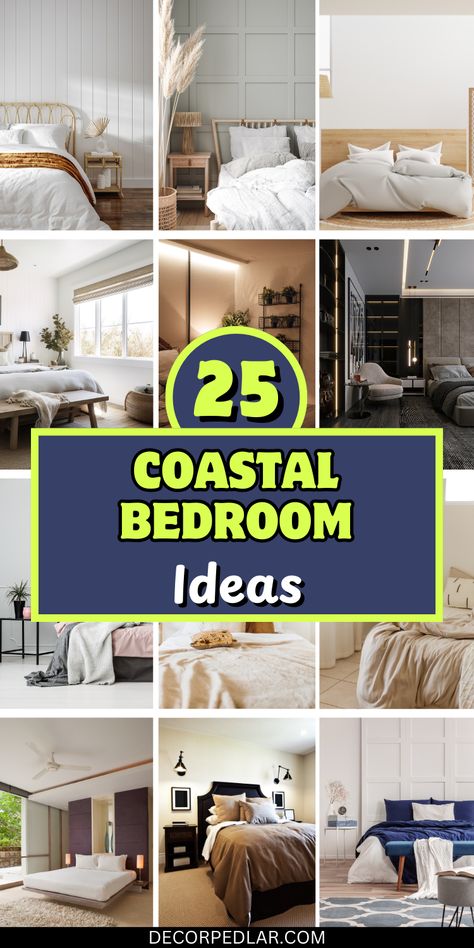 Transform your bedroom into a breezy beach retreat with 25 coastal-inspired design ideas. Dive into soothing ocean hues, natural textures, and nautical charm. #CoastalBedroom #BeachDecor Bedroom With Dark Furniture, Coastal Color Scheme, Light Blue Curtains, Coastal Bedroom Ideas, Rattan Bed Frame, Beach House Bedroom, Ocean Hues, Rustic Coastal, Striped Bedding