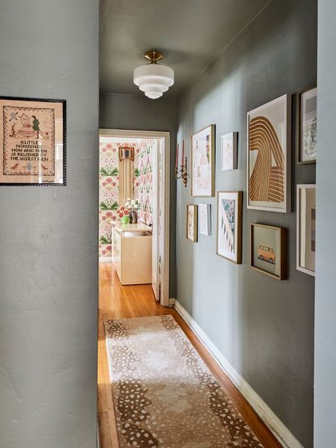 Sliding Door On Bathroom, Runner Rug On Tile, Dark Narrow Entryway Ideas, Green Paint Hallway Ideas, L Shape Hallway Ideas, Narrow Dark Hallway Decorating, Paint Colours For Dark Hallway, Small Hallway Design Ideas, Long Narrow Hallway Wall Decor