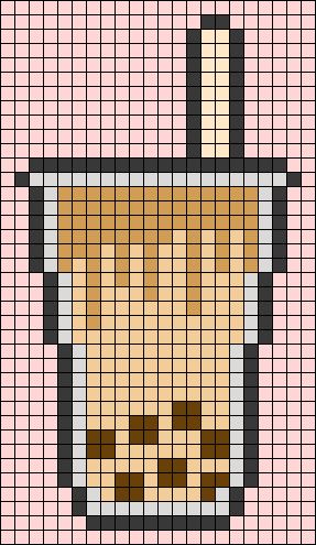 Boba Alpha Pattern, Boba Tea Pixel Art, Boba Pixel Art, Pixel Art Boba, Bond Paper Design, Art Crochet, Easy Pixel Art, Perler Crafts, Beads Designs