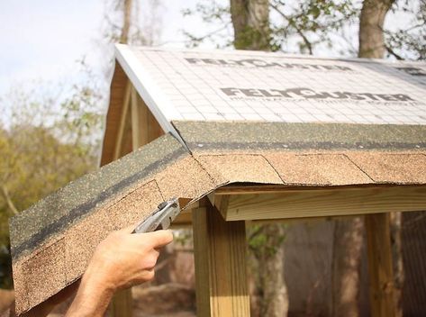 How to Shingle a Playhouse or Shed Roof Playhouse Roof Ideas, How To Shingle A Shed Roof, How To Shingle A Roof, Playhouse Roof, Playset Makeover, Playhouse Remodel, Utah Garden, Timberline Shingles, Wooden Garden Buildings