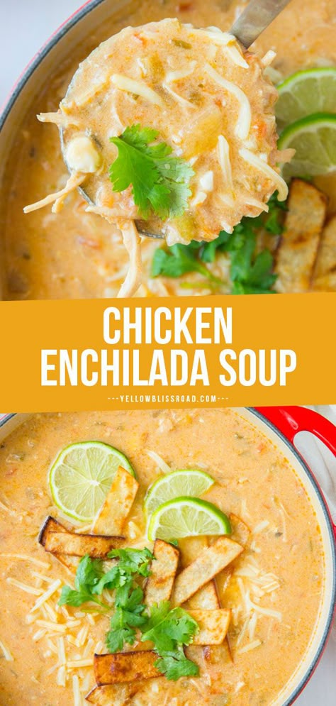 Green Chile Chicken Enchilada Soup has all the enchilada flavor, no rolling required! An easy weeknight soup topped with tortillas, sour cream and cheese. Green Chile Chicken Enchilada Soup, Easy Weeknight Soup, Authentic Chicken Tortilla Soup, Weeknight Soup, Best Chicken Tortilla Soup, Healthy Chicken Tortilla Soup, Enchilada Soup Recipe, Green Chile Enchilada Sauce, Creamy Chicken Tortilla Soup