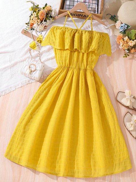 Yellow Cute Collar Sleeveless Polyester Plain A Line Embellished Non-Stretch  Teen Girls Clothing Cute Yellow Dress, Dresses For Teens Wedding, Cute Yellow Dresses, Cute Sundresses, Yellow Long Dress, Girl Vacation, Dress With Ruffle Hem, Beauty Hair Color