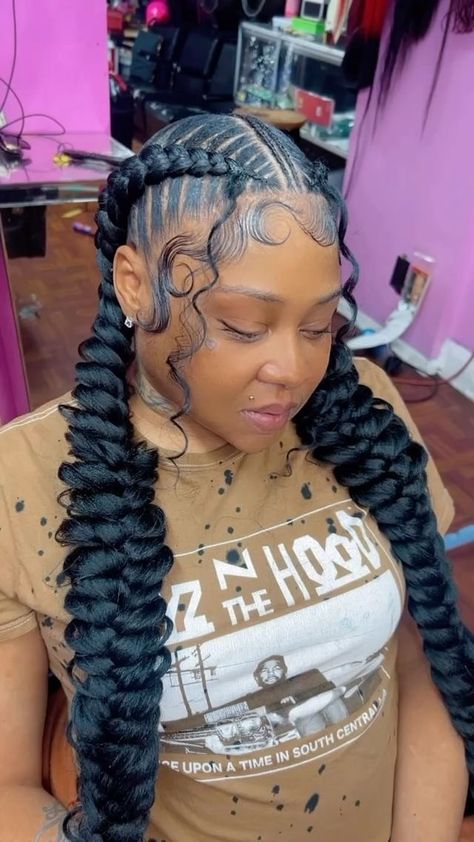 Feed In Braids 2023, Two Cornrows Black Women, Two Bohemian Feed In Braids, Braided Two Buns For Black Hair, 3 Braid Hairstyles, Three Feed In Braids, Braided Weave Hairstyles For Black Women, Next Hairstyle Ideas Black Women, Hair Styles With Weave Braided