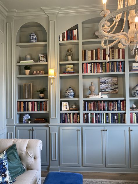 Built In Library Bookshelves, Bookcase Trim Ideas, French Country Built Ins, French Country Bookshelves, Victorian Built Ins, Feminine Home Library, Built In Book Cases Around Fireplace, Wooden Built In Bookshelves, Bookshelf Accent Wall