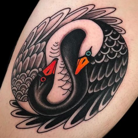 Traditional Yin and Yang swan tattoo by @beccagennebacon. Tattoo Yin Yang, Black Swan Tattoo, British Tattoo, Yin Yang Tattoo, Swan Tattoo, Globe Tattoos, American Traditional Tattoos, Traditional Tattoo Inspiration, Yang Tattoo