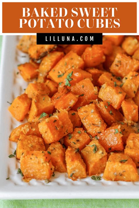 Baked Sweet Potato Cubes - these oven roasted sweet potatoes are easy to make, flavorful and have a tasty Parmesan cheese and spices coating making them our new favorite side dish. #roastedsweetpotatocubes #sweetpotato #roastedsweetpotato #bakedparmesansweetpotatoes #sweetpotatocube Baked Sweet Potato Chunks, Sweet Potato Cubes In Oven, Cubed Sweet Potato Casserole, Cubed Sweet Potatoes Baked, Sweet Potato In Oven Baked, Sweet Potato Oven Baked, Roast Sweet Potatoes Oven, Sweet Potato Baked In Oven, Baking Sweet Potatoes In Oven