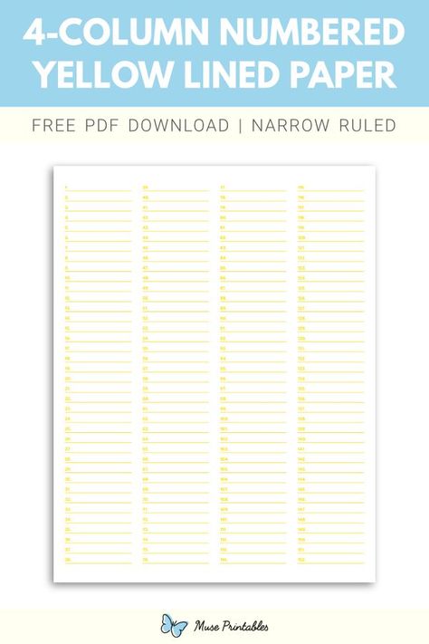 Printable 4 column numbered yellow lined paper narrow ruled paper template. Download this at https://museprintables.com/download/paper/4-column-numbered-yellow-lined-paper-narrow-ruled/ Blue Lined Paper, Organization Papers, Organization Planner, Ruled Paper, Yellow Line, Brown Line, Art Organization, Notes Template, Planner Printables