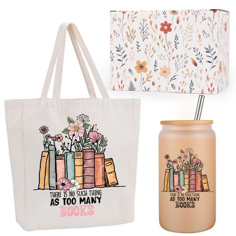 PRICES MAY VARY. Functional gifts for book lovers; Our frosted glass cup and canvas tote bag, are printed with the motivating words, "There is no such thing as too many books"; This set is a thoughtful gift for readers, bookworm, teacher, student, librarian, author; Cute book gifts for yourself or your friends, girlfriend, bestie, sister, sister in law, daughter, coworker, or anyone who loves to read Great book lover gifts for any occasion; Whether you're celebrating a birthday for a friend who Womens Retreat Gifts, Book Exchange Party, Book Lovers Gift Basket, Book Themed Gifts, Book Gift Basket, Bookmark Art, Book Club Gifts, Gifts For Ladies, Functional Gifts