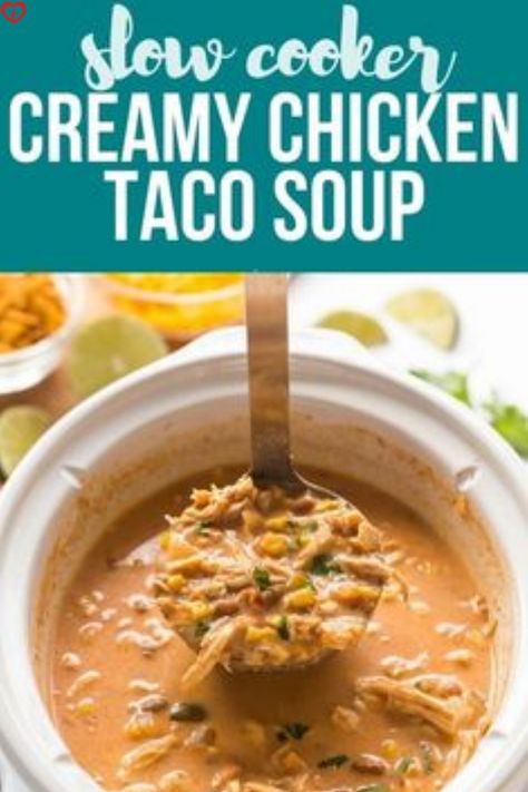 This yummy soup is an easy slow cooker dinner recipe made with just a handful of simple ingredients including chicken breasts, taco seasoning, beans, corn, tomatoes, green chilies, shredded cheese and heavy cream... Kiffles Recipe, Creamy Chicken Taco Soup, Chicken Breast Soup, Taco Soup Slow Cooker, Crockpot Chicken Taco Soup, Easy Slow Cooker Dinner, Slow Cooker Chicken Taco Soup, Easy Creamy Chicken, Crockpot Taco