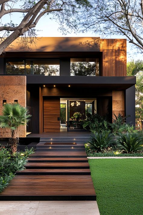 Discover stunning house exterior design ideas! Explore elegant facades, modern materials, and unique architectural details. #HouseExteriorDesignIdeas #ElegantHomeFacades #ModernExteriorMaterials #UniqueArchitecturalDetails #CurbAppealInspiration Modern House Materials, Cozy Modern House Exterior, Modern Industrial House Exterior, Modern Architecture House Exterior, Modern Bungalow Exterior Design, Arizona House Exterior, Dark Modern House Exterior, Scandinavian Exterior House, Modern Home Design Exterior