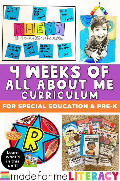 This image contains: An all about me activity Literacy Lesson Plans, All About Me Unit, Themed Lesson Plans, Differentiation In The Classroom, Pre K Curriculum, Weekly Themes, Sped Classroom, Self Contained Classroom, Special Education Elementary