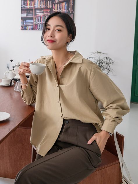 Khaki Casual  Long Sleeve Polyester Plain Shirt Embellished Non-Stretch Spring/Fall Women Tops, Blouses & Tee Khaki Blouse Outfit, Khaki Blouse, Plain Shirt, Women Blouses, Plain Shirts, Blouse Outfit, Khaki Color, Women Tops, Shirt Outfit