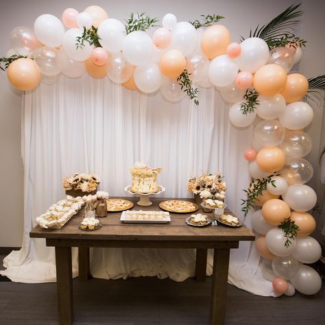 Peach And White Balloon Garland, Dessert Table With Balloon Garland, Balloon Garland Over Table, Balloon Garland With Greenery, Blush Balloon Garland, Peach Party Decorations, Blush Balloons, Dessert Table Birthday, Peach Baby Shower