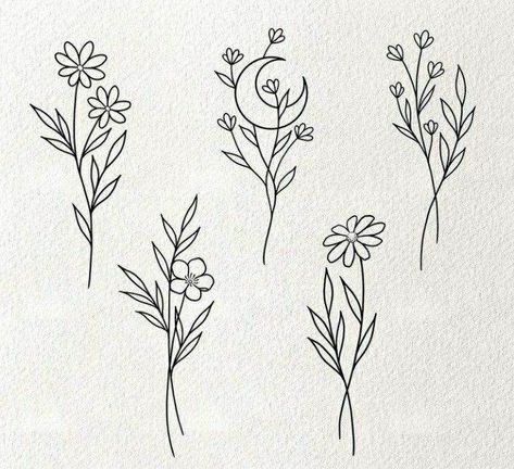 Flash Art Flowers, Small Flower Doodles, Floral Linework Tattoo, Small Flowers Drawing, Feminine Small Tattoos, Small Flower Drawing, Flower Flash Tattoo, Fineline Flower Tattoo, Simplistic Drawings