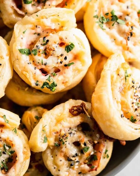 Ham and Cheese Pinwheels with Everything Bagel Seasoning - Platings and Pairings | The Kitchn Ham Cheese Roll Ups, Breakfast Pinwheels, Cheese Roll Ups, Puff Pastry Pinwheels, Ham And Cheese Pinwheels, Puff Pastry Appetizers, Cheese Pinwheels, Pastry Appetizer, Puff Pastries