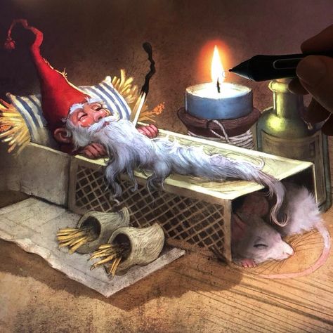 I have Christmas ornament that has gnome sleeping in a matchbox! Gnome Illustration, Sette Nani, Slaap Lekker, Elves And Fairies, Fairies Elves, Fairytale Art, Arte Fantasy, Art And Illustration, Fairy Art