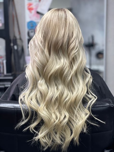 Hair wefts, platinum blonde, blonde hair, curled hair Curled Hair Ideas Prom, Curled Hair With Extensions, Styled Curled Hair, Prom Hair Curls All Down, Loose Curls Blonde Hair, Curled Hairstyles Blonde, Curled Hair For Formal, Curls In Long Hair, Long Blonde Hair Curled